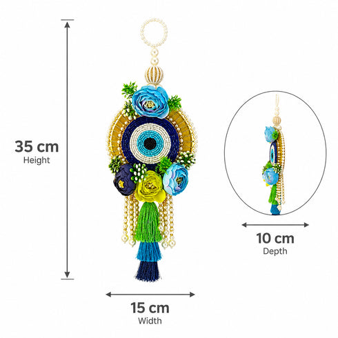 Blue Handmade Floral Evil Eye Hanging Pair with Pearl Beads & Tassels for Door, Wall & Mandir Decoration | Pack of 2 | Craft Shop India
