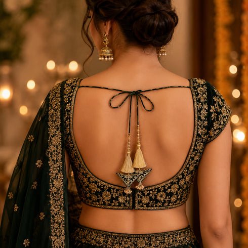 Dark Bottle Green Embroidered Triangle Potli Latkan Tassel Set of 2 for Saree, Blouse & Lehenga | Craft Shop India