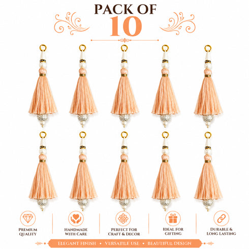 Peach Silk Hanging Tassels with Silver Cutdana Beads for Saree Pallu, Blouse, Lehenga & Dupatta | DIY Craft & Decoration | Pack of 10 | Craft Shop India