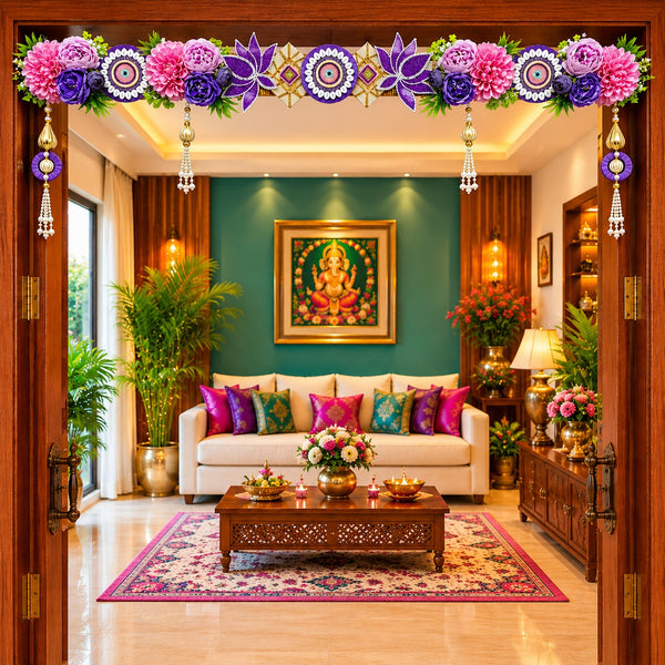 Purple Flower Beaded Lotus Bandhanwar Toran for Door Entrance | 40 Inch | Craft Shop India