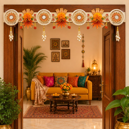Orange Flower with White Jute Chakra Bandhanwar Toran for Door Entrance | 40 Inch | Craft Shop India