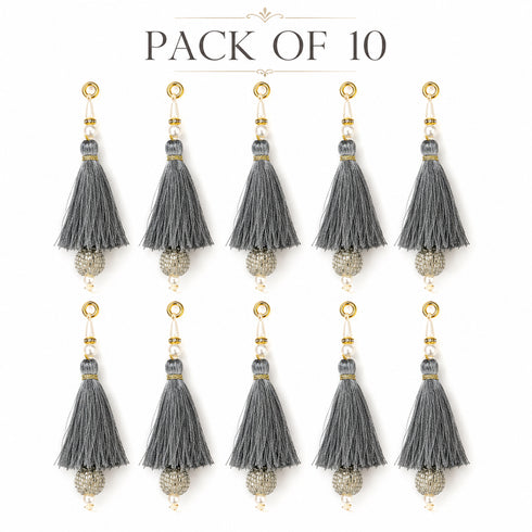 Grey Silk Hanging Tassels with Silver Cutdana Beads for Saree Pallu, Blouse, Lehenga, Dupatta, DIY Art & Craft Decoration | Pack of 10 | Craft Shop India