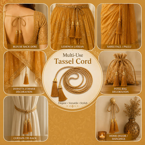 Golden Tassel with Cord Rope Pack of 2 for Saree Pallu, Blouse & Lehenga | Craft Shop India