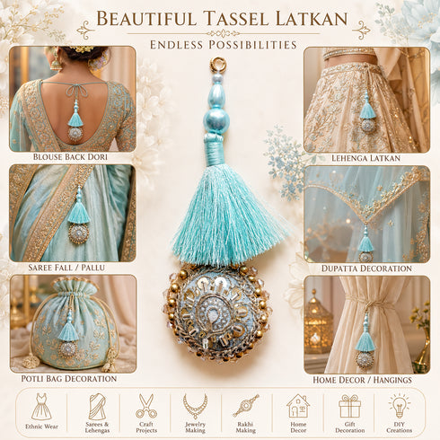 Sky Blue Mirror Work Round Latkan Tassel Set of 2 for Saree Pallu, Blouse, Dupatta, Lehenga & DIY Craft Decoration | Craft Shop India