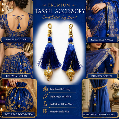 Royal Blue Silk Hanging Tassels with Golden Cutdana Beads for Saree Pallu, Blouse, Lehenga, Dupatta, DIY Art & Craft Decoration | Pack of 10 | Craft Shop India