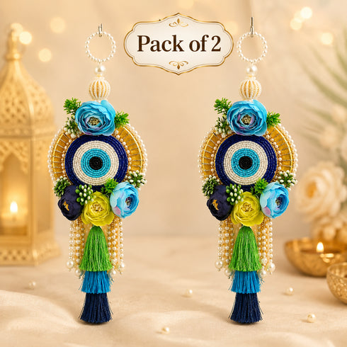 Blue Handmade Floral Evil Eye Hanging Pair with Pearl Beads & Tassels for Door, Wall & Mandir Decoration | Pack of 2 | Craft Shop India
