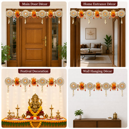 Orange Flower with White Jute Chakra Bandhanwar Toran for Door Entrance | 40 Inch | Craft Shop India