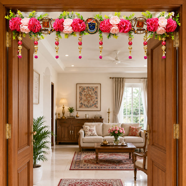 Shrinathji Cow Floral Toran with Pink Beaded Hangings for Main Door Décor | Handmade Bandhanwar for Home Entrance, Mandir & Festive Decoration | 40 Inch | Craft Shop India