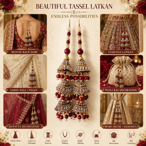 Maroon 3 Cone Ethnic Nalki Cone Latkan Tassel Pack of 2 for Saree, Blouse & Lehenga | Craft Shop India