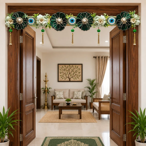 Bottle Green Evil Eye Floral Toran with Gold Tassels for Main Door | Handmade Bandhanwar for Home Entrance, Mandir & Festive Décor | 40 Inch | Craft Shop India