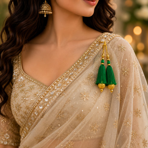 Green Silk Hanging Tassels with Golden Cutdana Beads for Saree Pallu, Blouse, Lehenga, Dupatta, DIY Art & Craft Decoration | Pack of 10 | Craft Shop India