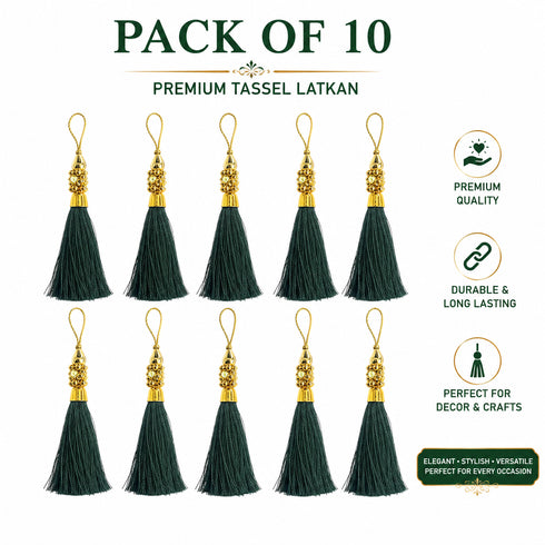 Dark Green Silk Thread Tassel Latkan with Golden Bead Cluster for Suit, Kurti, Gown, Saree, Blouse, Dupatta, Lehenga, Jewelry Making & DIY Art & Craft | Pack of 10 | Craft Shop India