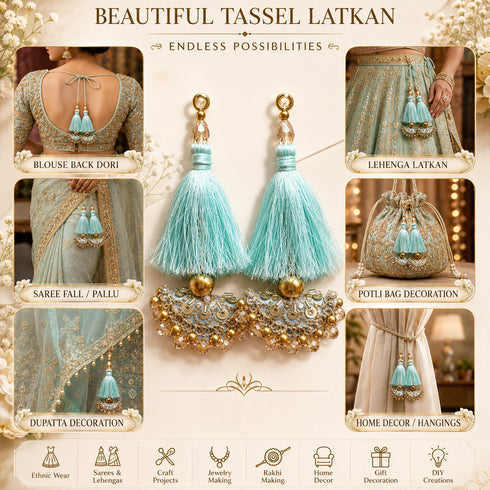 Sky Blue Mirror Work Curved Latkan Tassel Set of 2 for Saree Pallu, Blouse, Dupatta, Lehenga & DIY Craft Decoration | Craft Shop India