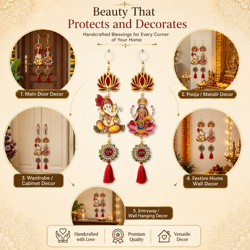Pichwai Lakshmi Ganesh Door Entrance Hanging Pair for Mandir, Home & Festive Décor | Diwali & Dussehra Decoration | Pack of 2 | Craft Shop India