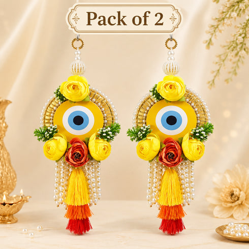 Yellow Handmade Floral Evil Eye Door Hanging Pair with Pearl Beads & Tassels | Home & Mandir Decor | Craft Shop India