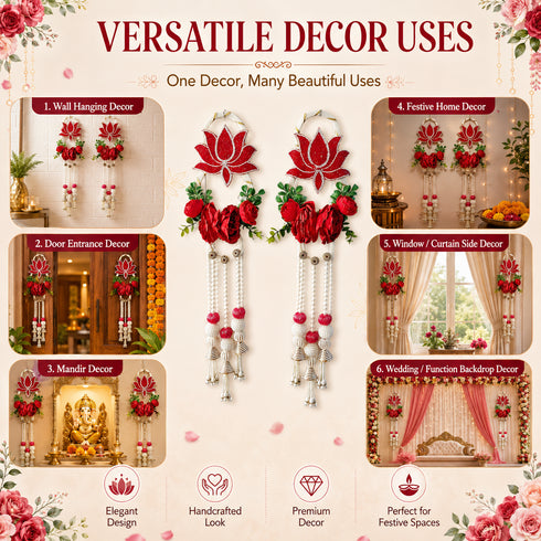 Red Nalki Pichwai Lotus with Flower Bunch Hanging Pack of 2 | Wall Décor | Craft Shop India