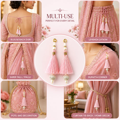 Baby Pink Silk Hanging Tassels with Silver Cutdana Beads for Saree Pallu, Blouse, Lehenga, Dupatta, DIY Art & Craft Decoration | Pack of 10 | Craft Shop India