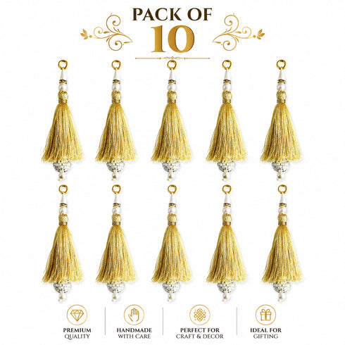 Golden Silk Hanging Tassels with Silver Cutdana Beads for Saree Pallu, Blouse, Lehenga, Dupatta, DIY Craft & Decoration | Pack of 10 | Craft Shop India