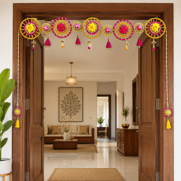 Yellow Pink Rose Chakra Toran with Tassel Latkans for Door Entrance Décor | Handmade Bandhanwar for Main Door, Mandir & Festive Decoration | 40 Inch | Craft Shop India