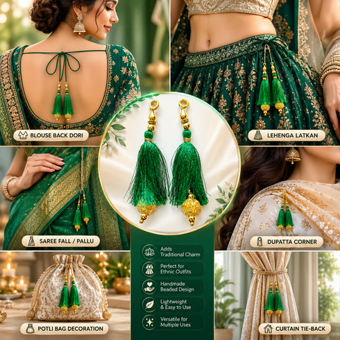 Green Silk Hanging Tassels with Golden Cutdana Beads for Saree Pallu, Blouse, Lehenga, Dupatta, DIY Art & Craft Decoration | Pack of 10 | Craft Shop India