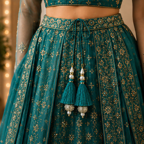 Sea Green Silk Hanging Tassels with Silver Cutdana Beads for Saree Pallu, Blouse, Lehenga, Dupatta, DIY Art & Craft Decoration | Pack of 10 | Craft Shop India