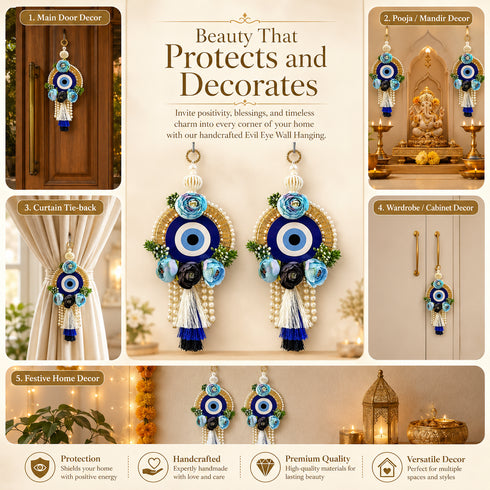 Blue Handmade Floral Evil Eye Door Hanging Pair with Pearl Beads & Tassels | Home & Mandir Decor | Craft Shop India
