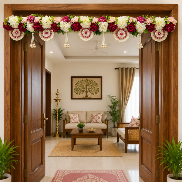 Rani Pink Floral Chakra Toran with Pearl Drops for Main Door & Mandir | 40 Inch Handmade Bandhanwar for Home Entrance & Festive Décor | Craft Shop India