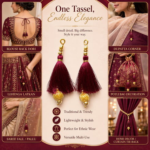 Wine / Burgundy Silk Hanging Tassels with Golden Cutdana Beads for Saree Pallu, Blouse, Lehenga, Dupatta, DIY Art & Craft Decoration | Pack of 10 | Craft Shop India