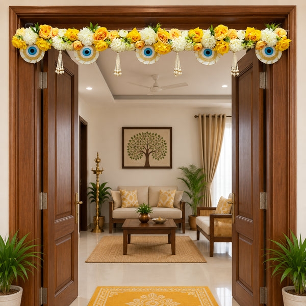 Yellow Evil Eye Bandhanwar Toran for Home Door Entrance | 40 Inch Handmade Decorative Door Hanging for Home, Mandir & Festive Décor | Craft Shop India