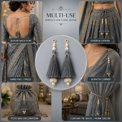 Grey Silk Hanging Tassels with Silver Cutdana Beads for Saree Pallu, Blouse, Lehenga, Dupatta, DIY Art & Craft Decoration | Pack of 10 | Craft Shop India