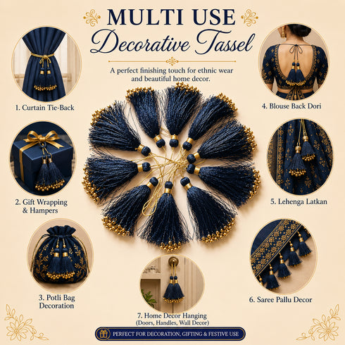 Midnight Navy Fancy Silk Tassels with Zari Bead Thread Latkan Pack of 10 | Craft Shop India