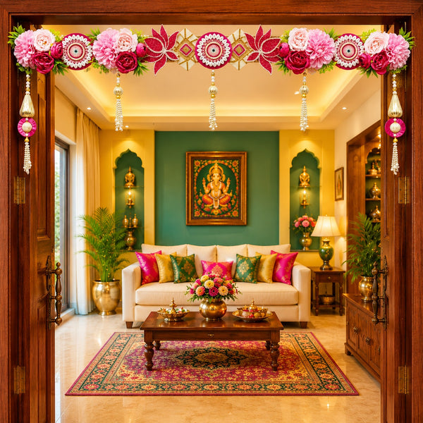 Rani Flower with Beaded Lotus Bandhanwar for Door Entrance | 40 Inch | Handmade Floral Door Hanging | Craft Shop India