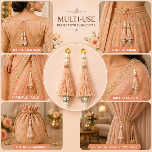 Peach Silk Hanging Tassels with Silver Cutdana Beads for Saree Pallu, Blouse, Lehenga & Dupatta | DIY Craft & Decoration | Pack of 10 | Craft Shop India