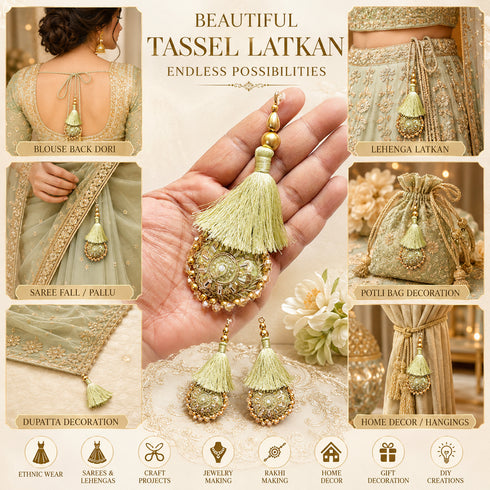 Pista Green Mirror Work Round Latkan Tassel Set of 2 for Saree Pallu, Blouse, Dupatta & Lehenga | Craft Shop India