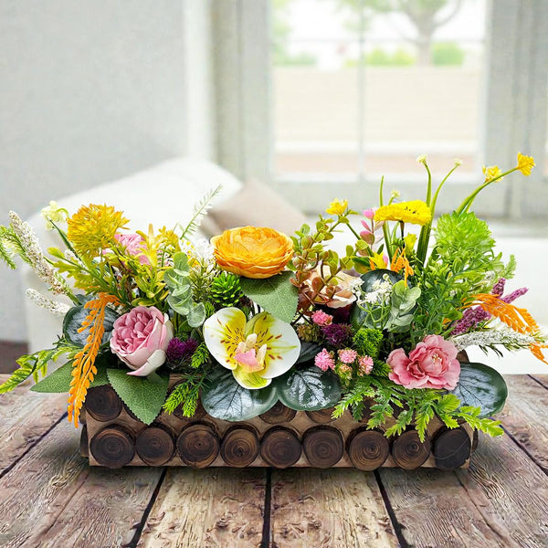 Orange Flower Decorative Multi Floral Wooden Pot Centerpiece 14 x 6 x 10 Inch | Craft Shop India