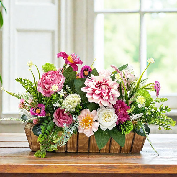 Pink Flower Decorative Multi Floral Wooden Pot Centerpiece 14 x 6 x 10 Inch | Craft Shop India