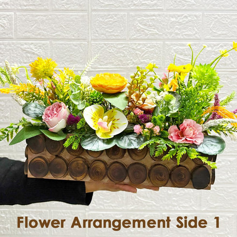 Orange Flower Decorative Multi Floral Wooden Pot Centerpiece 14 x 6 x 10 Inch | Craft Shop India