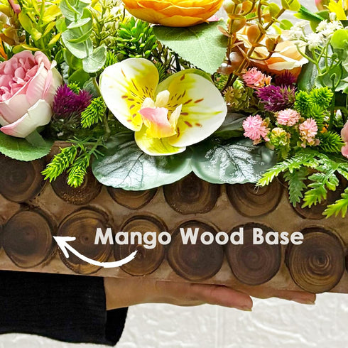 Orange Flower Decorative Multi Floral Wooden Pot Centerpiece 14 x 6 x 10 Inch | Craft Shop India