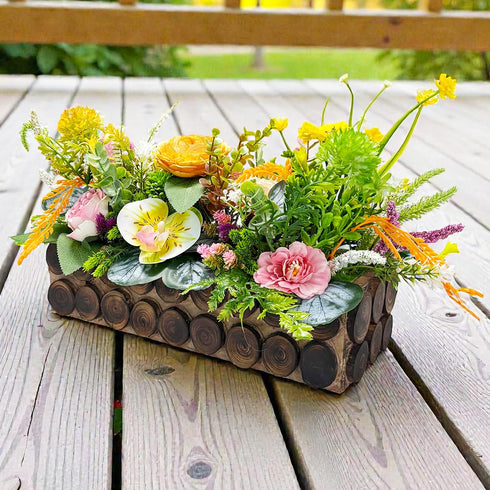 Orange Flower Decorative Multi Floral Wooden Pot Centerpiece 14 x 6 x 10 Inch | Craft Shop India