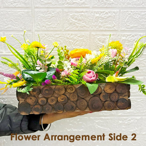 Orange Flower Decorative Multi Floral Wooden Pot Centerpiece 14 x 6 x 10 Inch | Craft Shop India