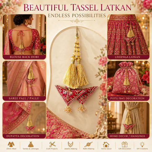 Rani Pink Embroidered Triangle Potli Latkan Tassel Set of 2 for Saree, Blouse & Lehenga | Craft Shop India
