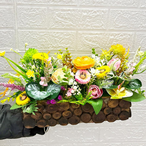 Orange Flower Decorative Multi Floral Wooden Pot Centerpiece 14 x 6 x 10 Inch | Craft Shop India
