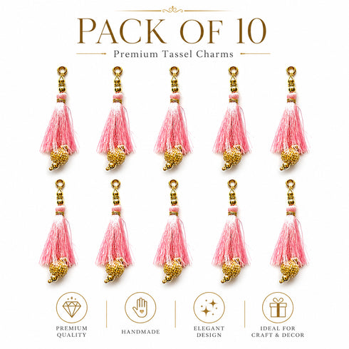 Baby Pink Silk Hanging Tassels with Golden Cutdana Beads for Saree Pallu, Blouse, Lehenga, Dupatta, DIY Art & Craft Decoration | Pack of 10 | Craft Shop India