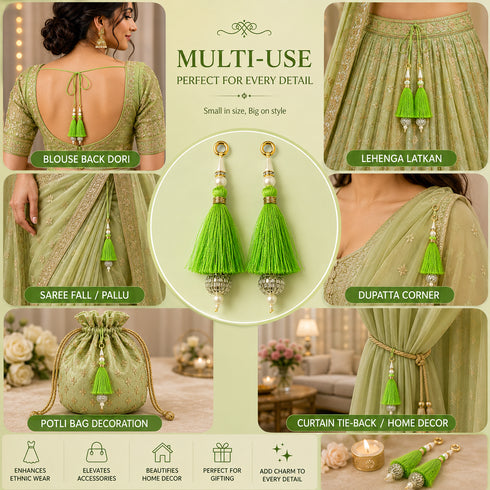 Parrot Green Silk Hanging Tassels with Silver Cutdana Beads for Saree Pallu, Blouse, Lehenga, Dupatta, DIY Art & Craft Decoration | Pack of 10 | Craft Shop India