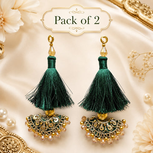 Dark Green Mirror Work Curved Latkan Tassel Set of 2 for Saree Pallu, Blouse, Dupatta, Lehenga & DIY Craft Decoration | Craft Shop India