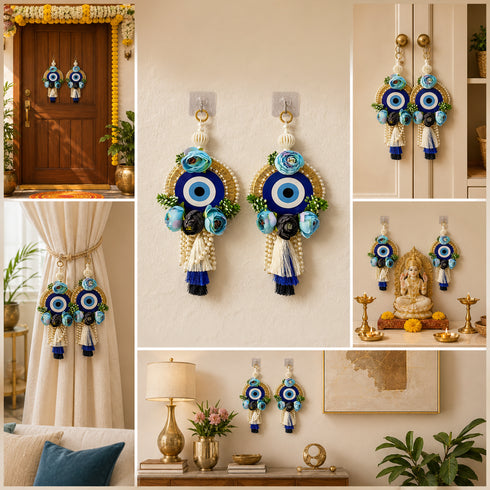 Blue Handmade Floral Evil Eye Door Hanging Pair with Pearl Beads & Tassels | Home & Mandir Decor | Craft Shop India
