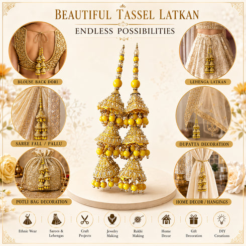 Yellow 3 Cone Ethnic Nalki Cone Latkan Tassel Pack of 2 for Saree, Blouse & Lehenga | Craft Shop India