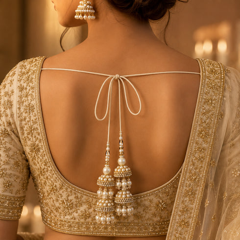 Ivory Pearl Double Jhumki Latkan Tassel Set of 2 for Saree, Blouse & Lehenga | Craft Shop India