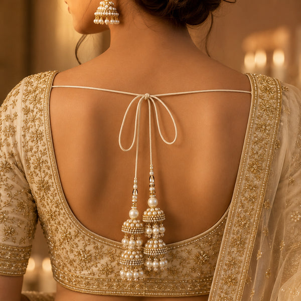 Ivory Pearl Double Jhumki Latkan Tassel Set of 2 for Saree, Blouse & Lehenga | Craft Shop India