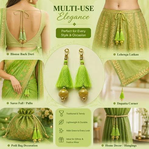 Parrot Green Silk Hanging Tassels with Golden Cutdana Beads for Saree Pallu, Blouse, Lehenga, Dupatta, DIY Art & Craft Decoration | Pack of 10 | Craft Shop India